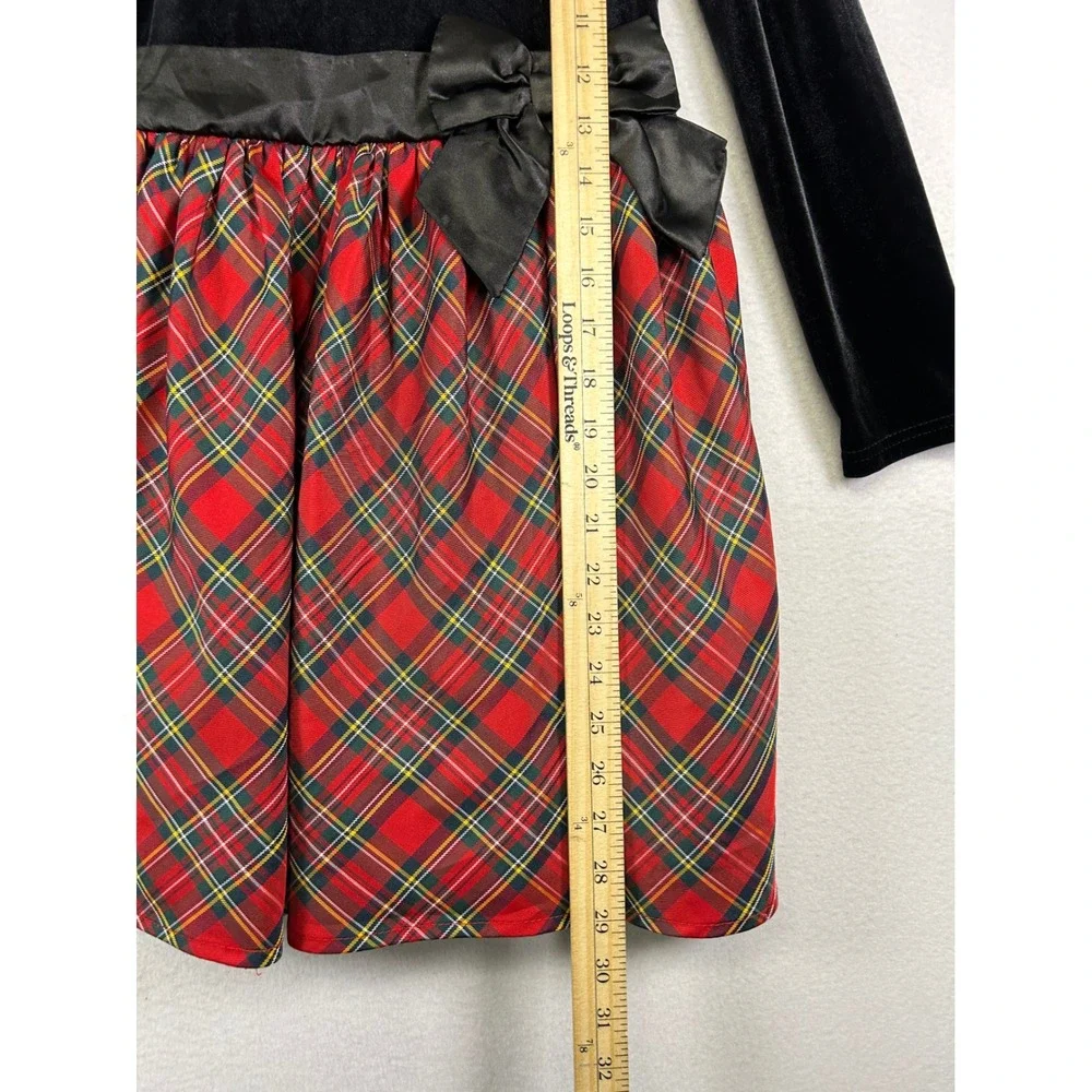 Holiday Plaid The Childrens Place Kids‎ 7/8 Black Red Velvet Tartan Bow Dress